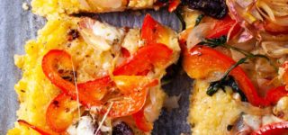 Savory gluten-free pizza with polenta crust and veggie toppings