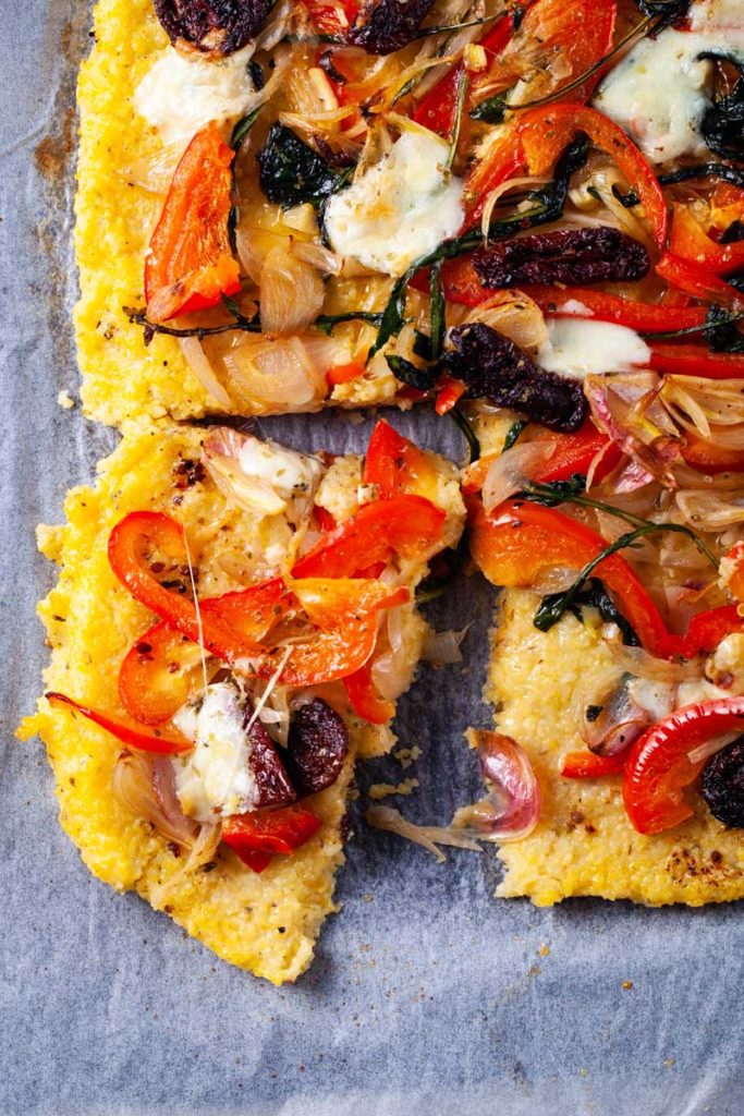 Savory gluten-free pizza with polenta crust and veggie toppings