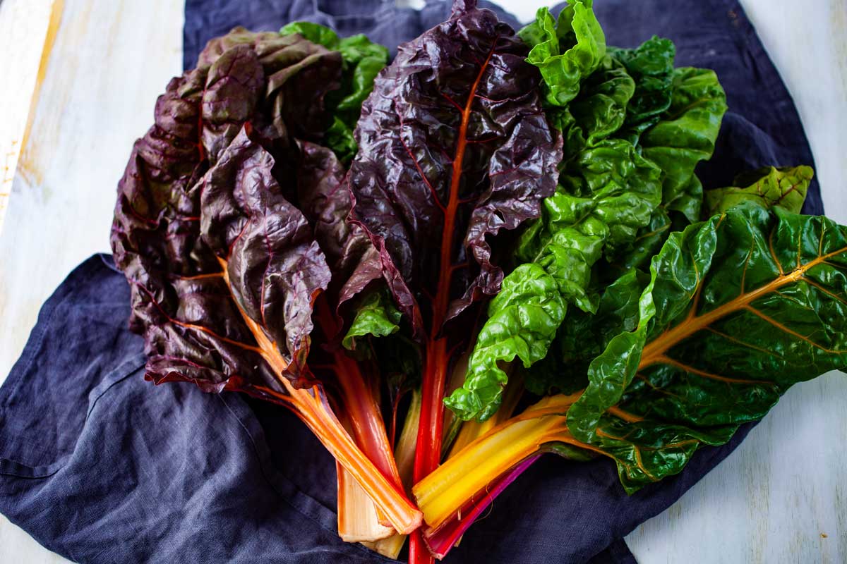 Beautiful rainbow chard or Swiss Chard washed and spread out over a towel