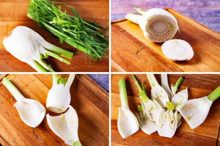 Four pics demonstrating how to cut a raw fennel bulb in slices lengthwise.