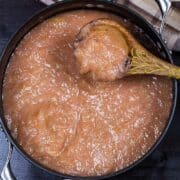 Pear rhubarb compote in a large pot.