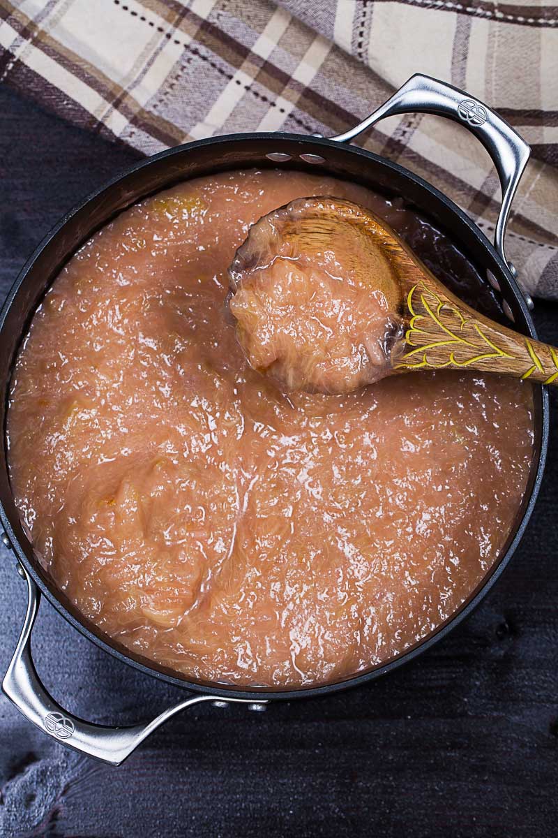 Pear rhubarb compote in a large pot.