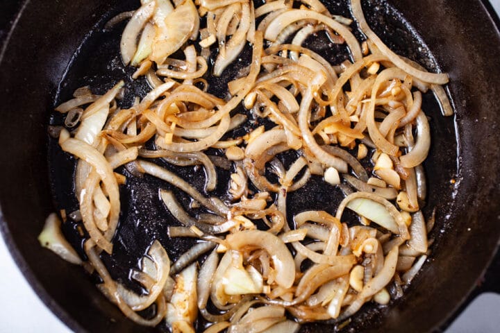 Sauteed onions and garlic in a iron cast skillet.