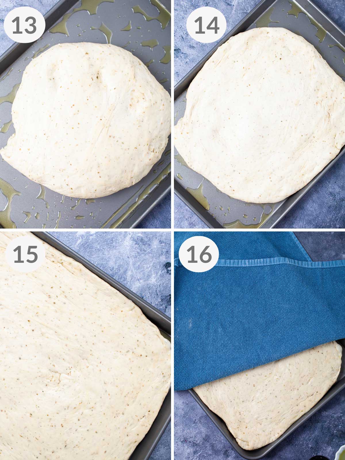 A series of steps on how to give pizza dough a rise and shape it into a rectangular shape.