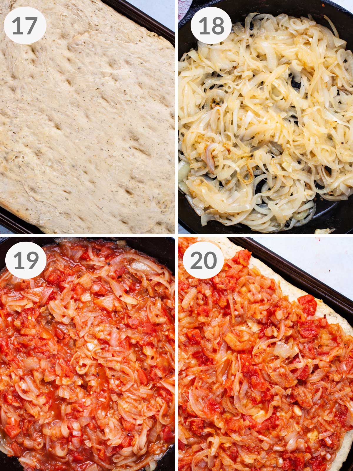 A series of steps showing how to make a Sicilian Pizza.