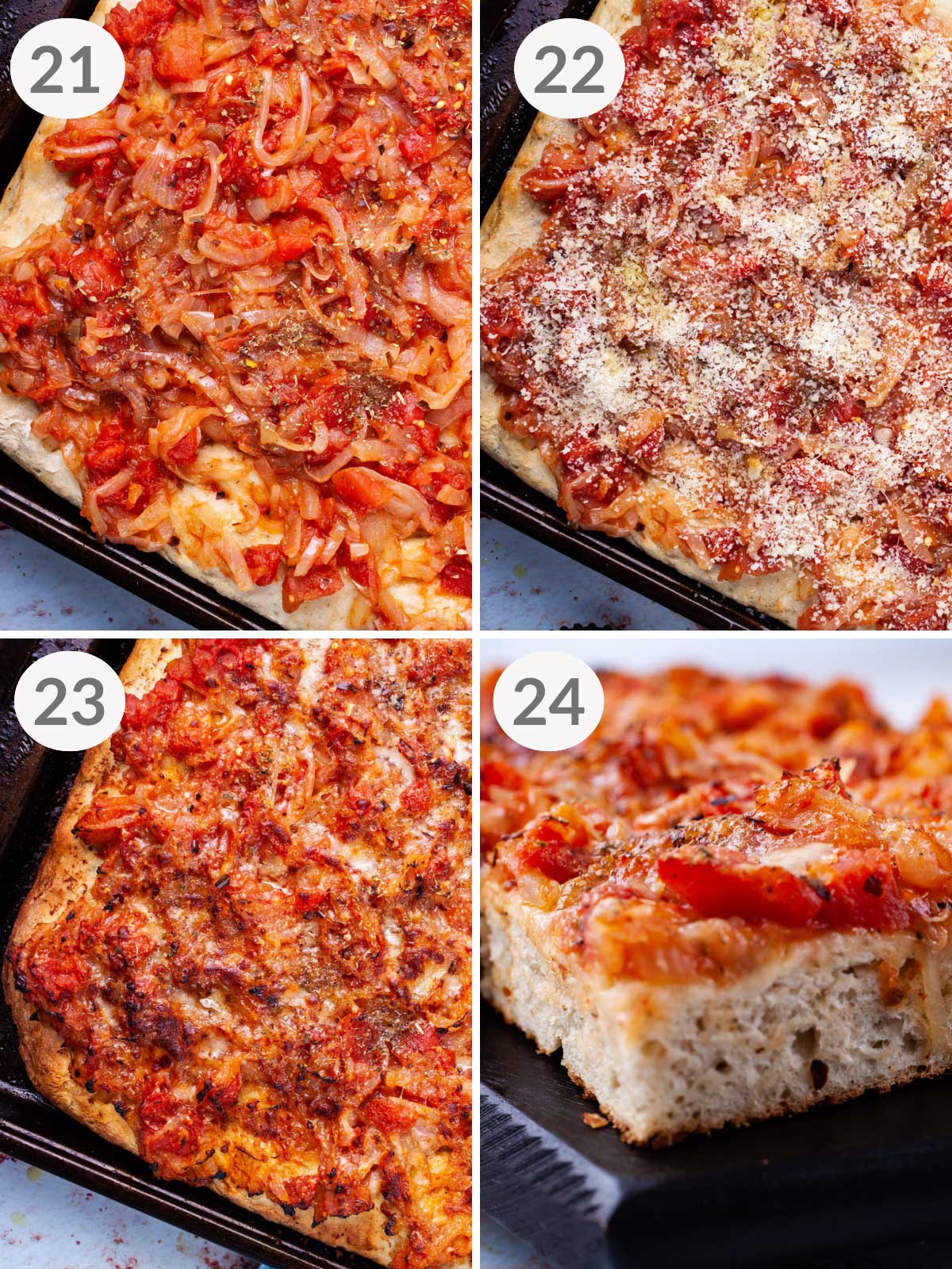 A series of steps showcasing how to put toppings on a thick-crust pizza and bake it.