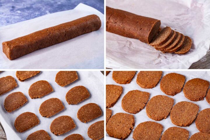 Four pictures; one showing cookie dough shaped in a large sausage; the second showing slices cut out of the dough; the third showing the sliced resting on parchment paper; the fourth showing the baked cookies resting on parchment paper.