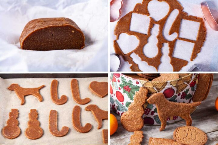 Four pics, one showing cookie dough, the second showing shapes cut out of rolled dough, the third showing the cookie shapes resting on a baking sheet, and the fourth showing the cookies baked in front of a cookie box.