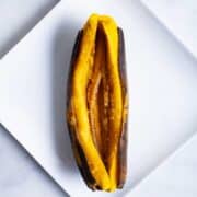 Microwaved plantain on a plate.