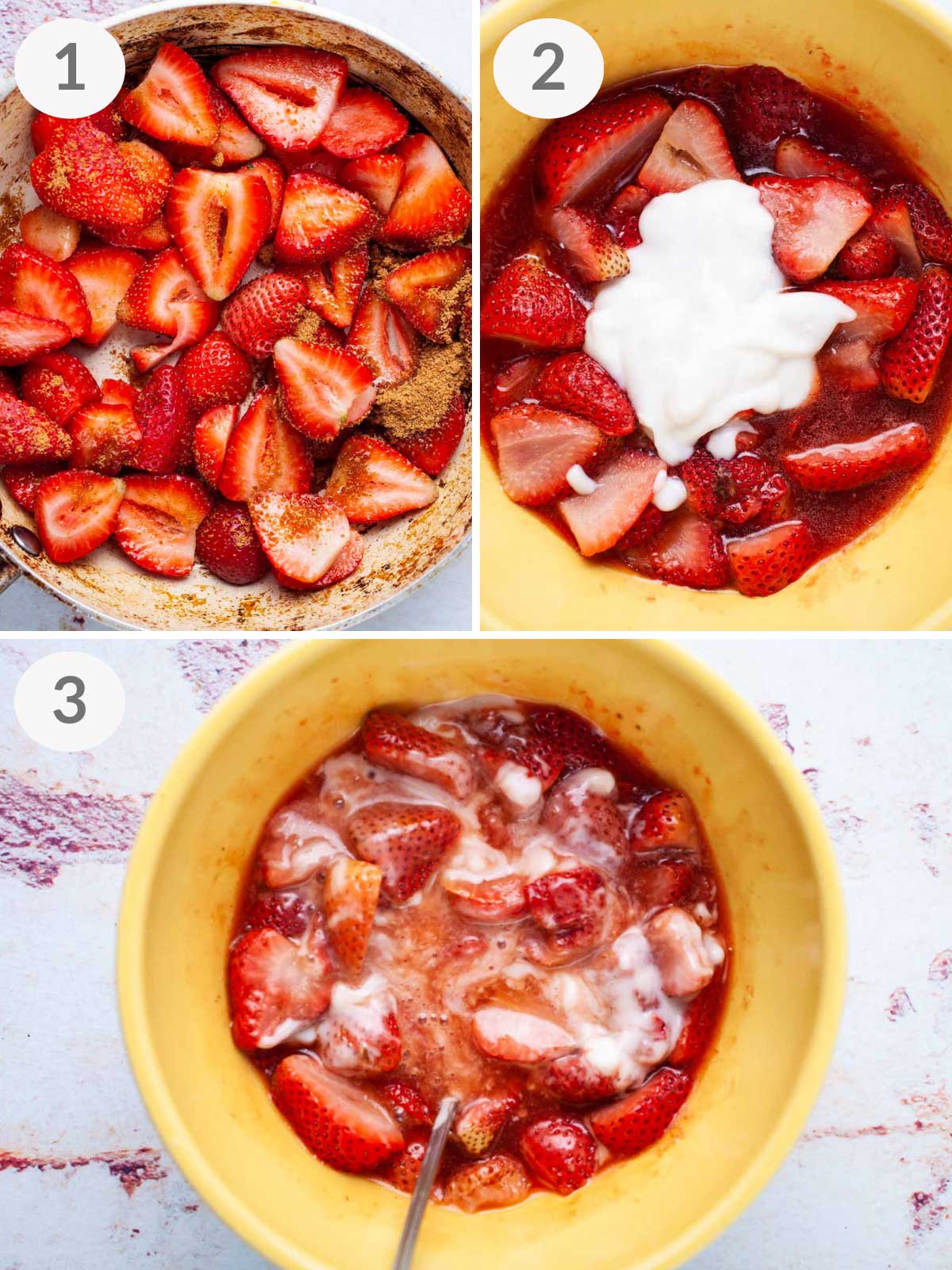 A series of steps showing how to make strawberry sauce.