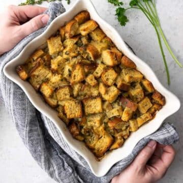 Baked stuffing in a baking pan.