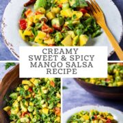 Three pictures showing from different angles a homemade mango avocado salsa, on a plate and in a wooden bowl.