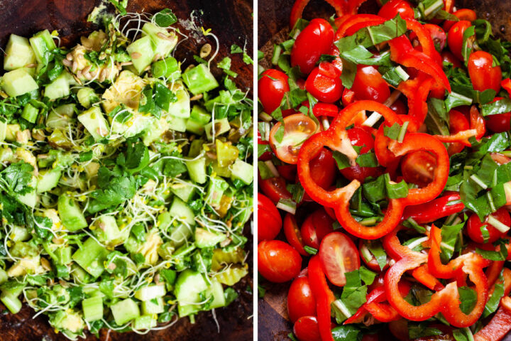 Two salads in a bowl, one green with cucumbers as the main ingredient, and one red with bell pepper as the main ingredient.