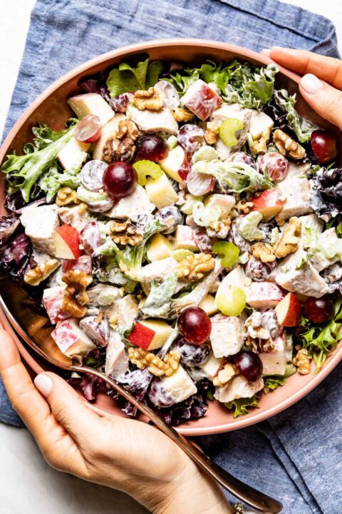two hands holding a bowl of chicken waldorf salad in a pink bowl.