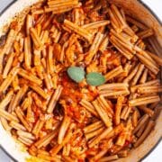 One pot with mushroom mozzarella pasta.